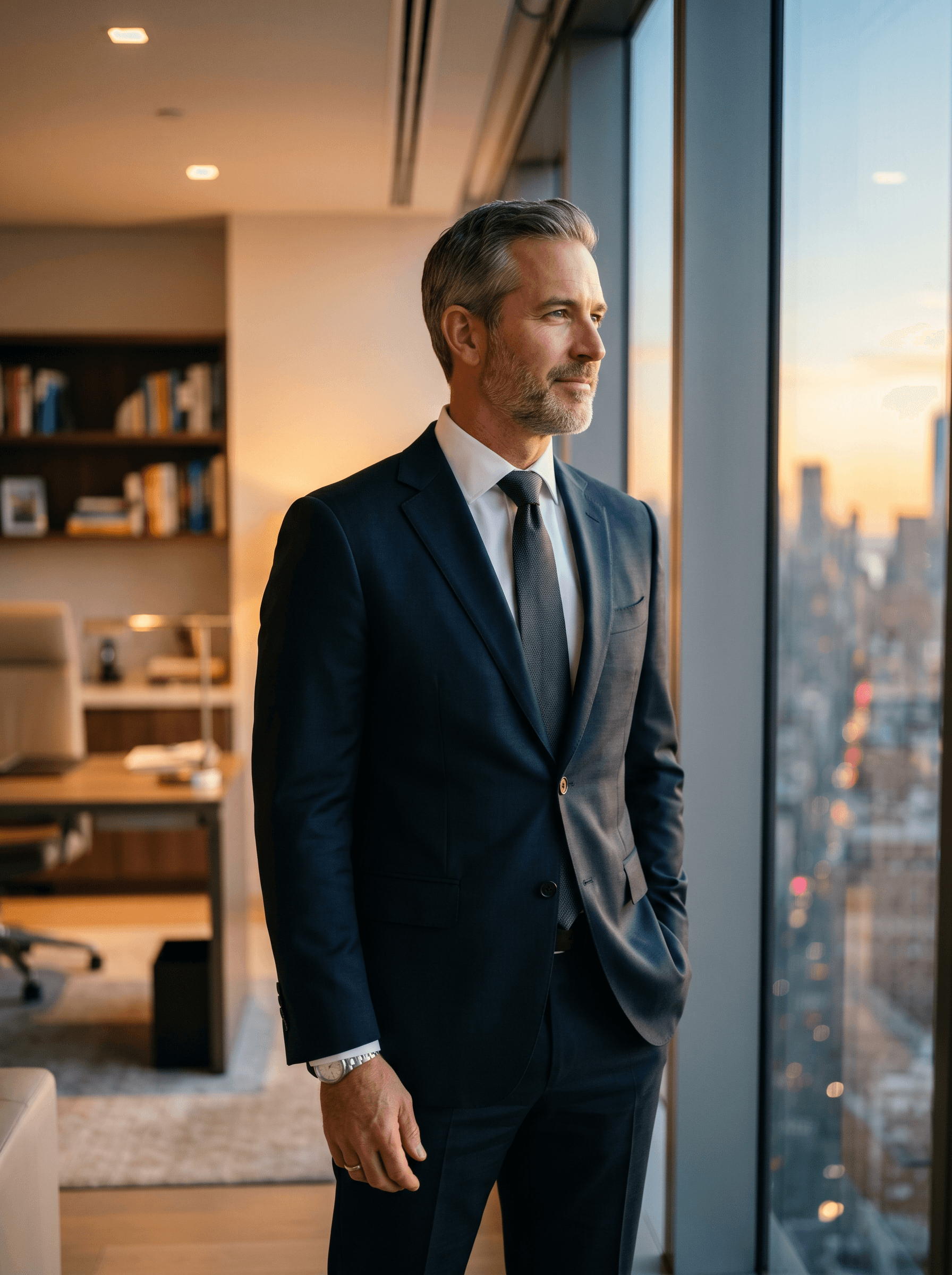 A confident executive looking out over a city skyline