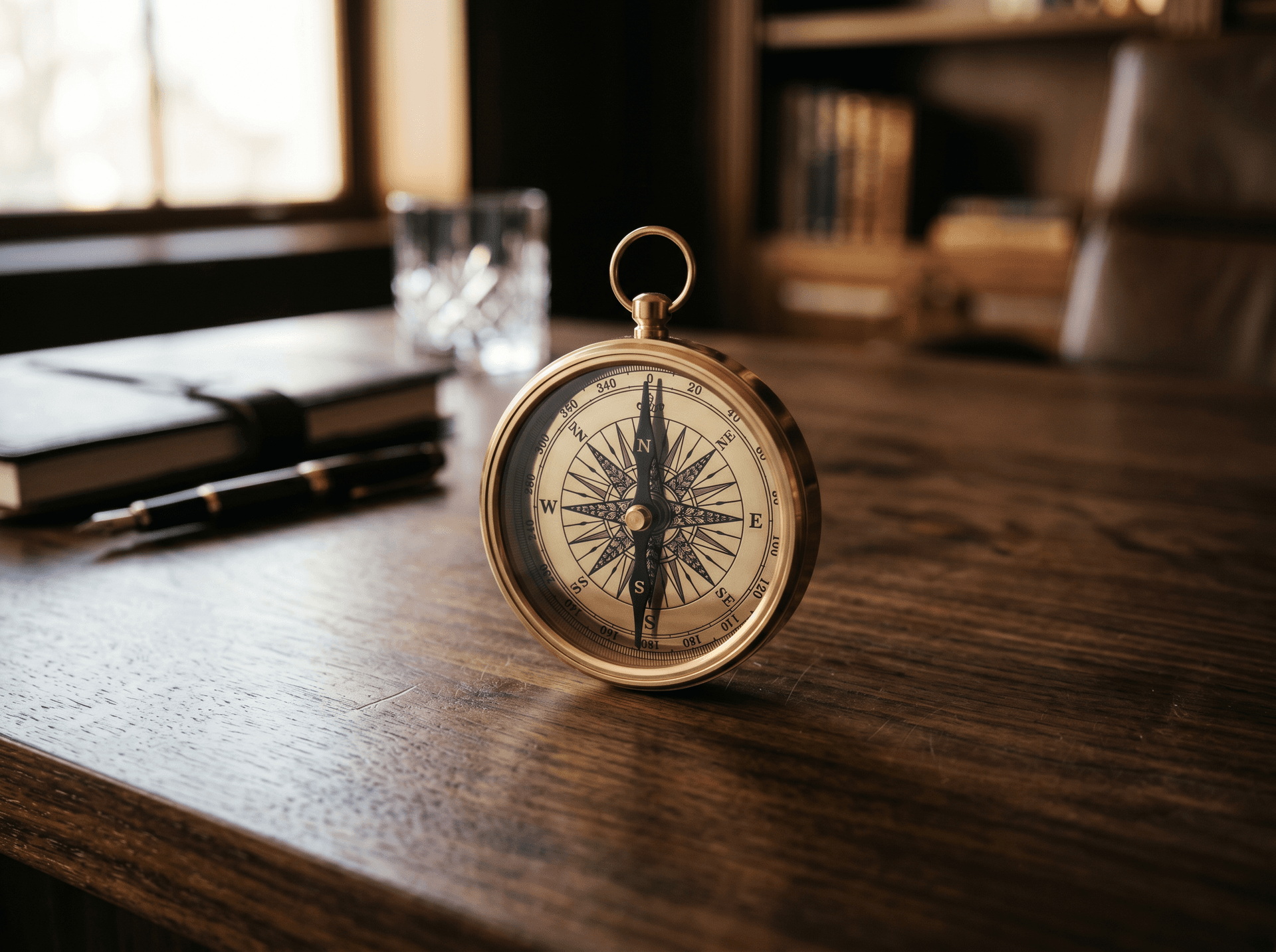 A brass compass on a walnut desk — symbolising precision